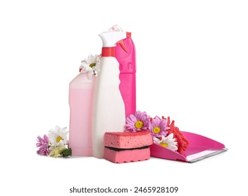 Set of cleaning supplies with spring flowers on white background - Powered by Shutterstock