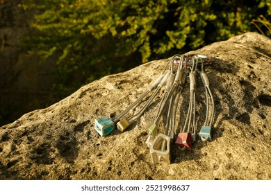 A set of climbing nuts used for rock climbing protection