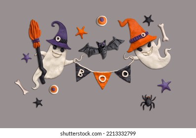 Set Of Cliparts On The Theme Of Halloween. Cute 3d Plasticine Sculptures. Funny Characters Ghost, Bat, Spider, Eyes, Broom And Bones