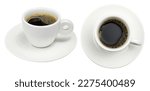 Set of Closeup black espresso coffee in white porcelain cup side view and  above view isolated clipping path on white background.