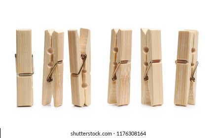 Set  close-up clothespins, natural bamboo peg isolated on white background