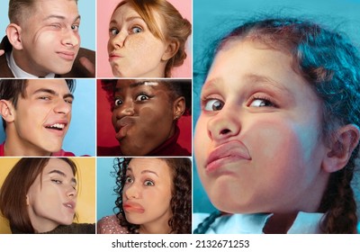 Set Of Close-up Faces Of Young Girls And Boys, Kids Crushed On Glass Isolated On Colored Background. Concept Of Human Emotions, Diversity. Models Leaning Against Glass