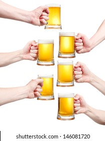 Set, Closeup Of A Male Hand Holding Up A Glass Of Beer Over A White Background