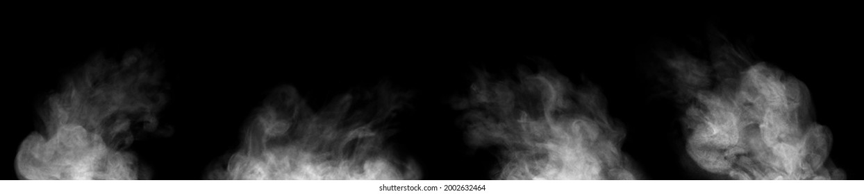 Set. Close-up of steam or abstract white smoke floating on top. Visible water droplets swirl beautifully. isolated on a black background - Shutterstock ID 2002632464