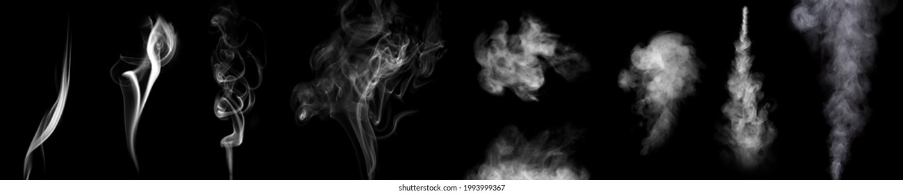 Set. Close-up of various types of smoke steam or smog. white float abstract lines. Visible water droplets swirl beautifully from the humidifying spray. isolated on a black background - Shutterstock ID 1993999367