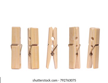 Set clothespins, natural bamboo peg isolated on white background