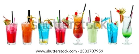 Set of cocktails, soft and long-drinks isolated on a white background.