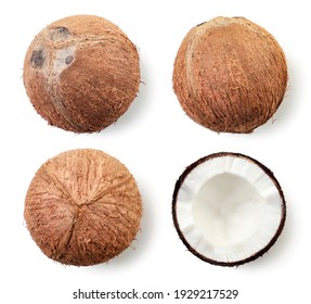 Set Of Coconut And Half On A White, Isolated. Top View.