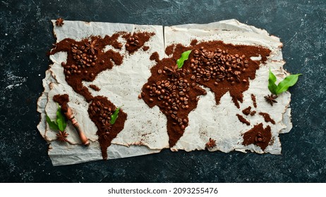 Set of coffee beans and ground coffee in the shape of a world map. Top view. On a dark background. - Powered by Shutterstock