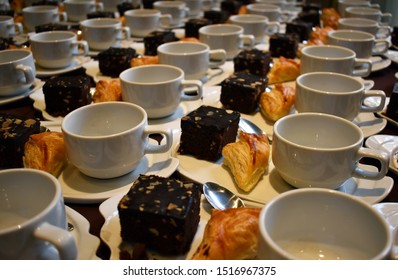 The Set Of Coffee Break Cup With Desserts Were Prepared For Breaking Seminar At Hotel Room.