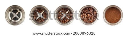 Set of coffee grinder, top view: an empty, a coffee grinder with whole coffee beans, with ground coffee. Isolated on white background