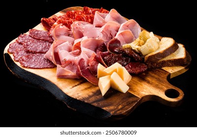 Set of cold cuts for a banquet. Banquet menu with slices of sausage, ham, cheese, sun-dried tomatoes and bread on a wooden board. - Powered by Shutterstock