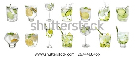 Set of cold Gin and Tonic on white background