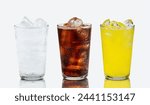 Set of cold soft drink  difference flavor in tall glass cola, soda water, orange flavor in tall glass isolated with reflection on white background.
