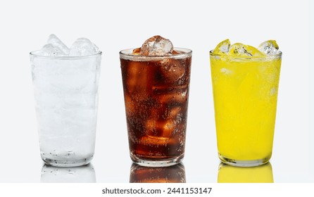 Set of cold soft drink  difference flavor in tall glass cola, soda water, orange flavor in tall glass isolated with reflection on white background. - Powered by Shutterstock