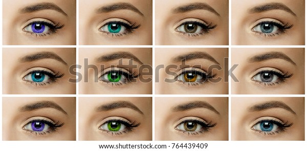 set, collage, different types of\
color contact lenses. shades of green, brown, blue, gray\
eyes