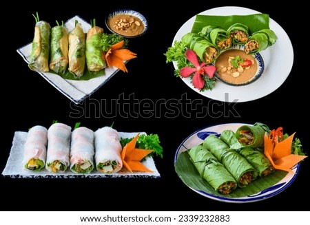 Set or collage of different types of vietnamese spring rolls on a black background