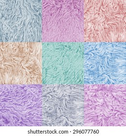 Set collection, 9 nine colorful fur texture. Abstract backgrounds. Boho, bohemian, retro, vintage style. Beige and coral, pink purple, blue, grey, green color carpet. Soft pastel color