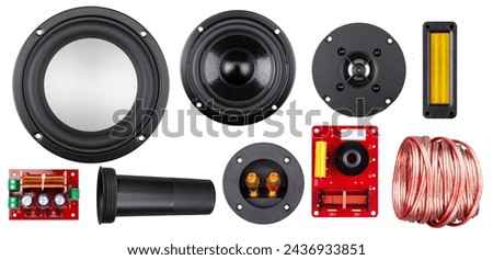Set collection of audio components like tweeter sub woofer speaker audio cable and crossover isolated on white backgrounss. diy hifi concept 