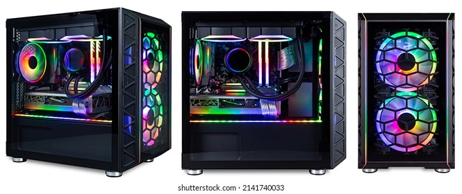 set collection of black custom gaming pc computer with glass windows and colorful bright rgb rainbow led lighting isolated on white background - Shutterstock ID 2141740033