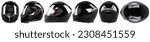 set collection of black motorcycle carbon integral crash helmet isolated in various angles on white background. motorsport car kart racing transportation safety concept