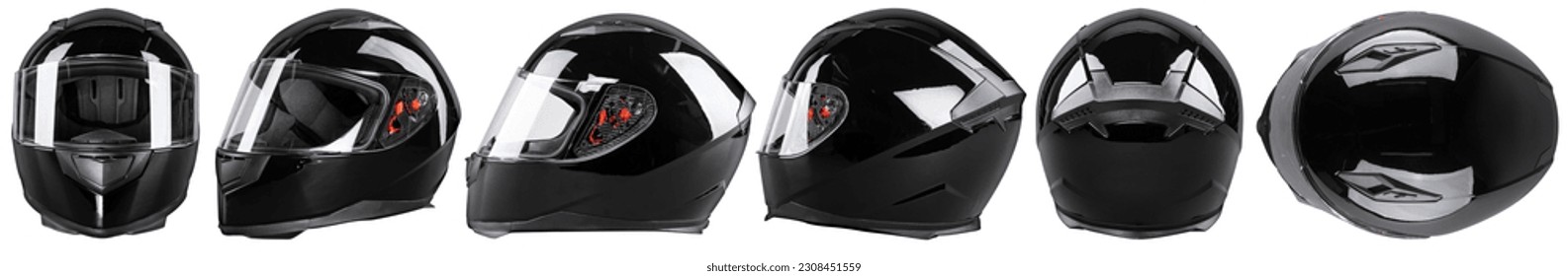 set collection of black motorcycle carbon integral crash helmet isolated in various angles on white background. motorsport car kart racing transportation safety concept