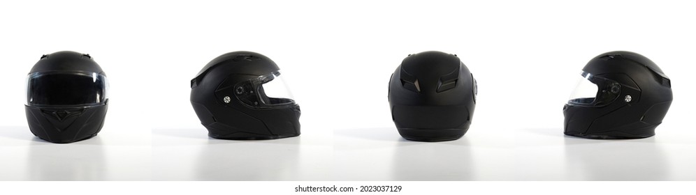 Set collection of black motorcycle helmet on a white background, front, back, side - Shutterstock ID 2023037129