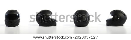 Set collection of black motorcycle helmet on a white background, front, back, side