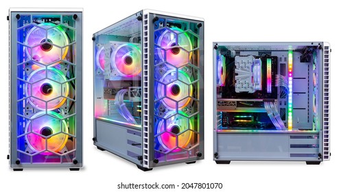 Set Collection Of Colorful Custom Gaming Pc Computer With Dark Tinted Glass Windows And Rgb Rainbow Led Lighting Isolated On White Background