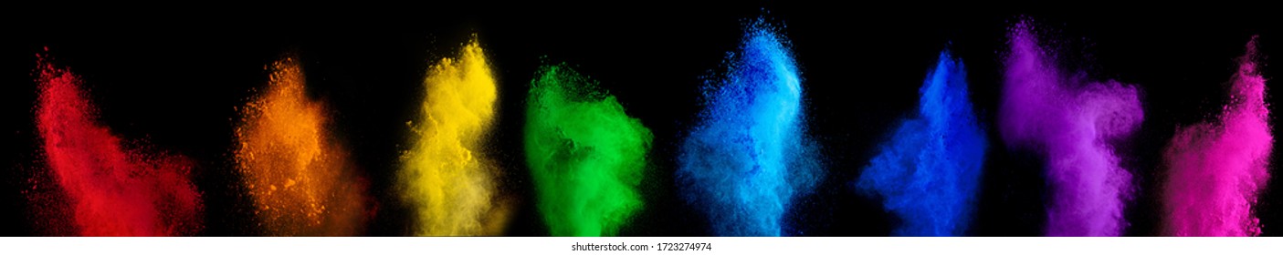Set collection of colorful rainbow holi paint color powder explosion isolated on dark black background. red orange yellow green cyan blue purple pink design pattern.