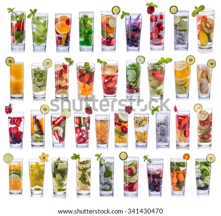 set collection and compilation of fresh infused water isolated over white background