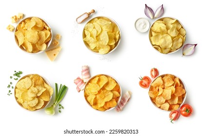 Set or collection of different flavor potato chips or crisps in bowls with fresh ingredients. Salt, onion, sour cream, cheese, spring onion, bacon and tomato. - Shutterstock ID 2259820313