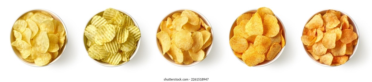 Set or collection of different flavor potato chips or crisps in bowls isolated on white background, top view
