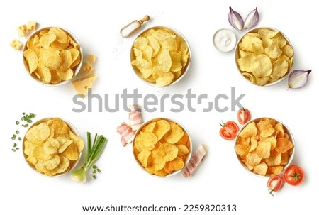 Set or collection of different flavor potato chips or crisps in bowls with fresh ingredients. Salt, onion, sour cream, cheese, spring onion, bacon and tomato.