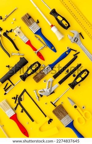 Set collection of DIY hand tools. Constuction background.