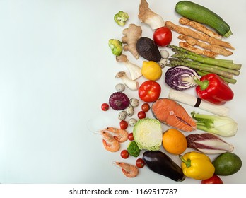 Set collection flat lay with different kind of food vegetables seafood on white background. Concept healthy eating. Overhead. Copy space. - Shutterstock ID 1169517787