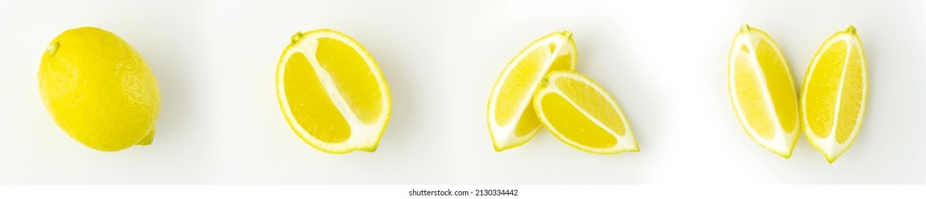 Set or collection of fresh ripe whole, half and sliced lemon isolated on white background. Collection top view.