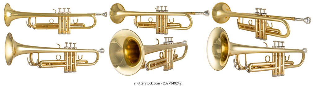 set collection of golden shiny metallic brass trumpet music instrument isolated on white background. musical ntertainment band concept.