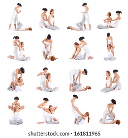 Set collection with many different images of the woman getting traditional thai stretching massage by therapist isolated on white background