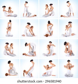 Set collection with many different images of the woman getting traditional thai stretching massage by therapist over blue background