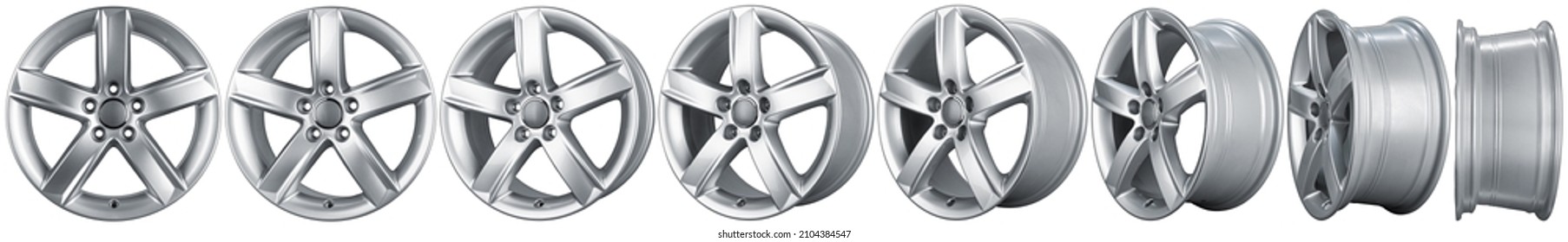 set collection of modern shiny silver metallic alloy aluminum car rim isolated on white background. automotive part indurstry transportation concept - Shutterstock ID 2104384547