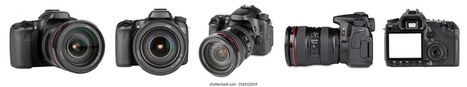 set collection of professional DSLR photo camera body with zoom lens in various angles isolated on white background. media technology and photography concept