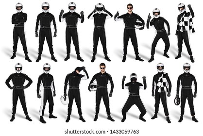 Set Collection Of Race Driver With Black Overall Saftey Crash Helmet And Chequered Checkered Flag Isolated On White Background. Motorsport Car Racing Sport Concept