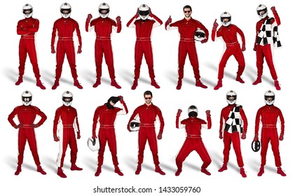 Set Collection Of Race Driver With Red Overall Saftey Crash Helmet And Chequered Checkered Flag Isolated On White Background. Motorsport Car Racing Sport Concept