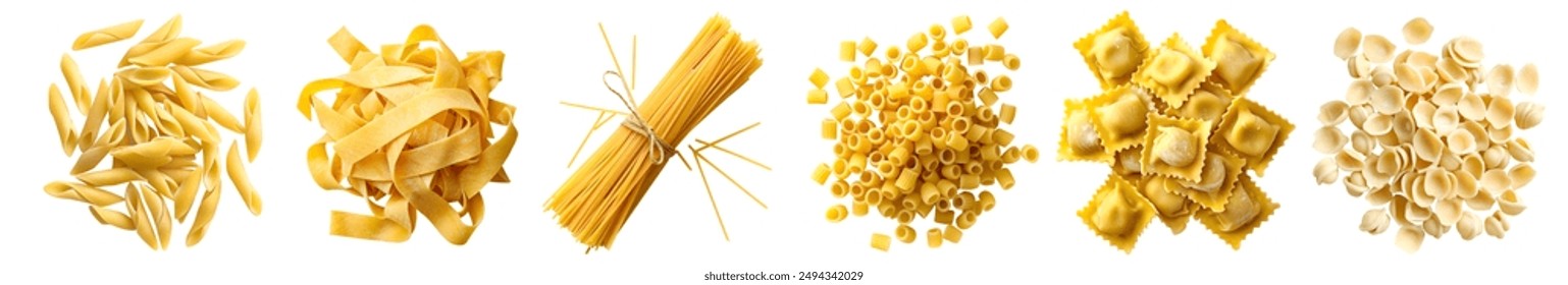 Set collection of raw uncooked Italian pasta, Cavatelli, Pappardelle, Spaghetti, Ditalini, Ravioli, Orecchiette on cutout file. Many different Mockup template for design. Top view - Powered by Shutterstock