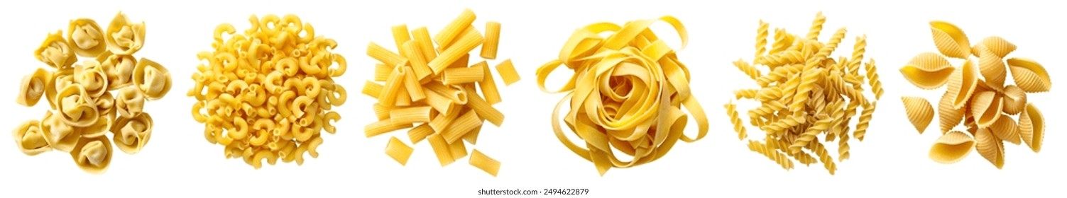 Set collection of raw uncooked Italian pasta, Tortellini, tortelli, Macaroni, Rigatoni, Fettuccine, Fusilli, Conchiglie on cutout. Many different Mockup template for design. Top view - Powered by Shutterstock