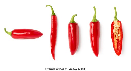 set or collection of red hot chili peppers isolated over a white  background, spicy jalapenos, whole and cut in half, different positions top and side view