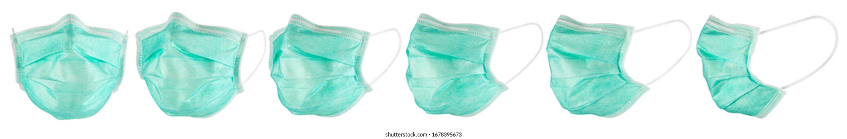 Set Collection Row Of Green Blue Medical Respirator Breathing Face Dust Mask Isolated On White Background. Coronavirus Covid-19 Prevention Protection Pandemic Outbreak Concept.