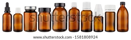 Set collection row of various brown medicine pill glass pipette dropper bottle blank without copyspace label design pattern isolated on white panorama background