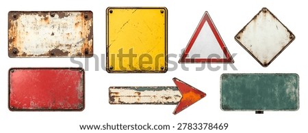 Set collection of rustic worn weathered street sign signage, isolated cutout Mockup. Many different assorted style.